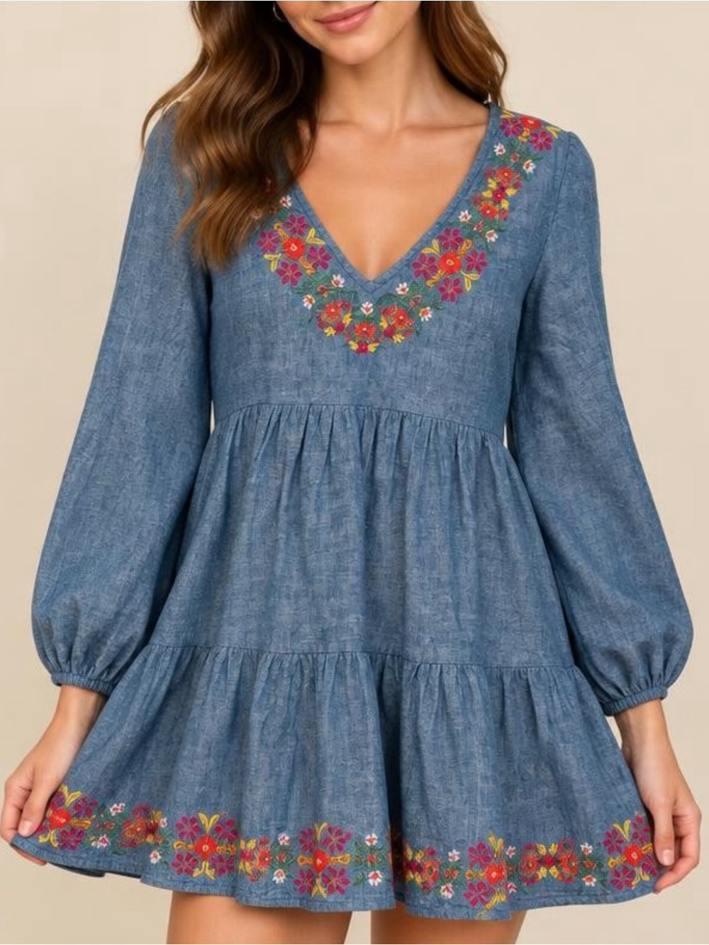 NATURAL LIFE Denim-Blue Embroidered V-Neck Tiered Mini Dress Sz M linen-cotton
